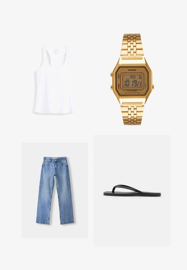 Next SCOOP NECK RIB RACER VEST - Top - white; Lysblå denim jeans med lige ben design, der har fem lommer, en frontknaplukning og subtil falmning for tekstur.; Sorte flip-flop med et minimalistisk design, flad sål, smalle stropper og en glat tekstur. Ingen yderligere mønstre eller accenter.; Guld digitalt ur med rektangulært urglas, LCD-display, rustfrit stålarmbånd og knapper på siden. Har et vandtæt mærke.