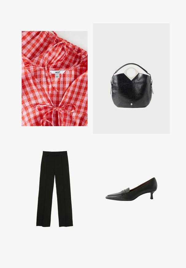 Röd och rosa rutigt blus med rynkad halsringning och knytdekor. Tillverkad av lättviktsmaterial, har en "NEXT"-etikett inuti.; Svarta vida byxor tillverkade av ett mjukt tyg, med en åtsittande midja och subtila framveck för en extra textur.; Svart läderklackskor med spetsig tå och dekorativ rem. Har en låg stilettklack och slät yta.; Svart läderväska med en böjd form, cirkulärt topphandtag och silverdetalj med logotyp. Slät textur och anmärkningsvärd urtagning som designfunktion.
