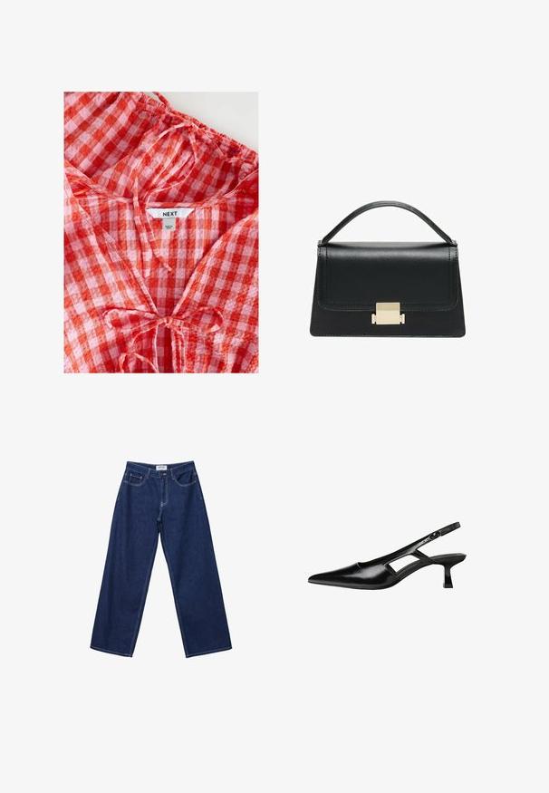Czerwono-różowa koszula w kratkę z marszczonym dekoltem i detalem w postaci wiązania. Wykonana z lekkiego materiału, ma metkę "NEXT" w środku.; Szerokie, ciemnoniebieskie dżinsy z guzikowym zapięciem, pięcioma kieszeniami i kontrastującym białym przeszyciem. Materiał ma gładkie, lekko chropowate wykończenie.; Czarne lakierowane czółenka na odkrytej pięcie z wąskim noskiem, z wykrojem po bokach i małym kwadratowym obcasem. Gładka faktura z minimalnymi akcentami.; Czarna skórzana torebka o zorganizowanej konstrukcji, z górną rączką i złotym metalowym zapięciem z przodu. Gładka faktura, minimalne przeszycia.