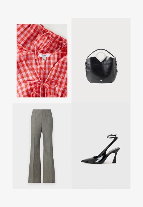 Blusa a quadri rossi e rosa con scollatura arricciata e dettaglio con fiocco. Realizzata in tessuto leggero, presenta un'etichetta "NEXT" all'interno.; Pantaloni grigi svasati realizzati in tessuto testurizzato, con vestibilità sartoriale, delicato motivo a quadri e pieghe frontali per un aspetto raffinato.; Slingback eleganti in pelle verniciata nera con punta appuntita, cinturino alla caviglia regolabile e tacco quadrato moderato. Texture liscia con finitura lucida.; Borsa in pelle nera con forma curva, manico superiore circolare e dettaglio del logo in argento. Texture liscia e caratteristica di un design con ritaglio notevole.