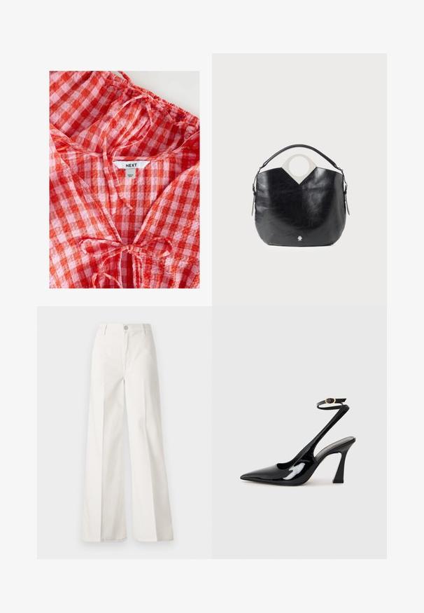 Červená a růžová kostkovaná blůza se skládacím výstřihem a detailem na zavázání. Z lehkého materiálu, obsahuje štítek "NEXT" uvnitř.; Bílé volné kalhoty vyrobené z bavlny s hladkou texturou. Obsahují přední knoflík, zip a design se čtyřmi kapsami.; Černé lakované kožené lodičky na pásku s špičatou špičkou, nastavitelným páskem kolem kotníku a mírným blokovým podpatkem. Hladký povrch s lesklým finišem.; Černá kožená taška s zakřiveným tvarem, kulatým horním madlem a stříbrným logem. Hladká textura a výrazný výřez v designu.