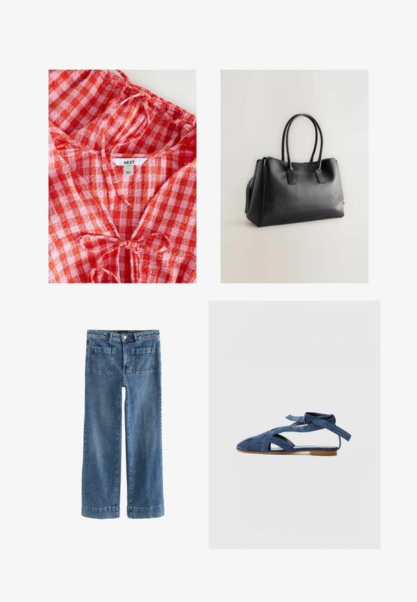 Rot- und rosa kariertes Blusenshirt mit gerafftem Ausschnitt und Bindedetail. Hergestellt aus leichtem Stoff, mit einem "NEXT"-Etikett innen.; Hellblaue weiter Jeans aus Denim mit leichtem Waschung, zwei Gesäßtaschen und umgeschlagenen Bündchen. Robustes Material mit glatter Textur.; Emporio Armani Riemensandalette - blue; Schwarze Kunstleder-Shopper-Tasche mit doppelten langen Tragegriffen, strukturiertem Design, glatter Oberfläche und minimalistischem Stil. Keine sichtbaren Beschläge oder Akzente.