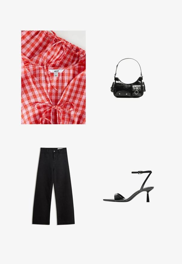 Crvena i ružičasta karirana bluzica s nabranim izrezom i detaljem mašne. Napravljena od lagane tkanine, s oznakom "NEXT" unutar.; Crne široke traperice s visokim strukom, s prednjim i stražnjim džepovima, šivenim šavovima i kopčanjem na gumb. Glatka tekstura.; Bershka Sandale s visokom petom - black; Crna patentna kožna torba s zakrivljenim oblikom, jednim remenom za rame, prednjim džepovima i akcentima od srebrnog tona.