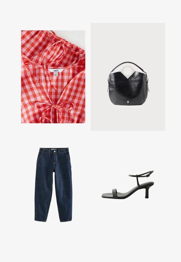 Červená a ružová károvaná blúzka so zberaným výstrihom a detailom na viazanie. Vyrobená z ľahkej tkaniny, obsahuje značku "NEXT" vo vnútri.; Tmavomodré džínsové nohavice s voľným strihom, obsahujúce päť vreciek, pútka na opasok a kontrastné žlté prešitie. Čistá, textúrovaná tkanina.; Next FOREVER COMFORT  SIMPLE REGULAR FIT - Sandále - black; Čierna kožená taška s zakriveným tvarom, kruhovou hornou rukoväťou a strieborným logom. Hladký povrch a výnimočný dizajn s výrezmi.