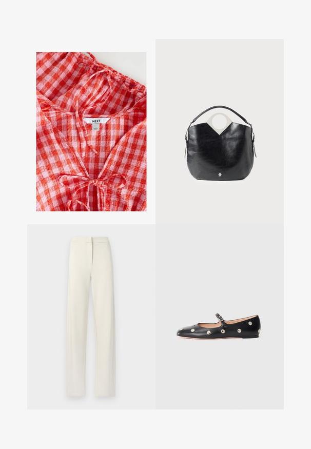 Blusa a cuadros rojos y rosas con escote fruncido y detalle de lazo. Hecha de tejido ligero, cuenta con una etiqueta "NEXT" en el interior.; Pantalones de pierna ancha color crema, hechos de un tejido suave, que presentan un frente plano, bolsillos laterales y detalles cosidos a lo largo de las costuras.; Zapato plano tipo Mary Jane de cuero negro con punta redonda, adornado con tachuelas circulares plateadas y una correa ajustable con hebilla.; Bolso de cuero negro con forma curva, asa redonda en la parte superior y detalle de logo plateado. Textura suave y destacada característica de diseño con recortes.