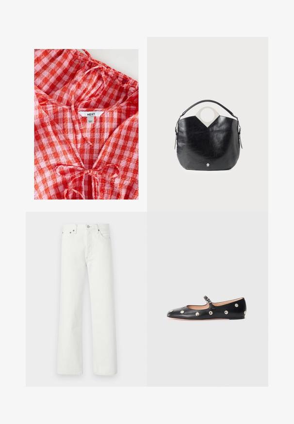 Rood en roze geblokte blouse met een geplooide halslijn en strikdetail. Gemaakt van lichtgewicht stof, met een "NEXT" label aan de binnenkant.; Witte spijkerbroeken van denim met een rechte pijp, een vijf-pocketontwerp en metalen hardwareaccenten op de tailleband en zakken.; Zwarte leren Mary Jane ballerina met een ronde neus, voorzien van zilveren ronde studs en een verstelbaar bandje met een gesp.; Zwarte leren tas met een gebogen vorm, ronde handgreep aan de bovenkant en zilver logo detail. Gladde textuur en opvallend uitgesneden ontwerp.