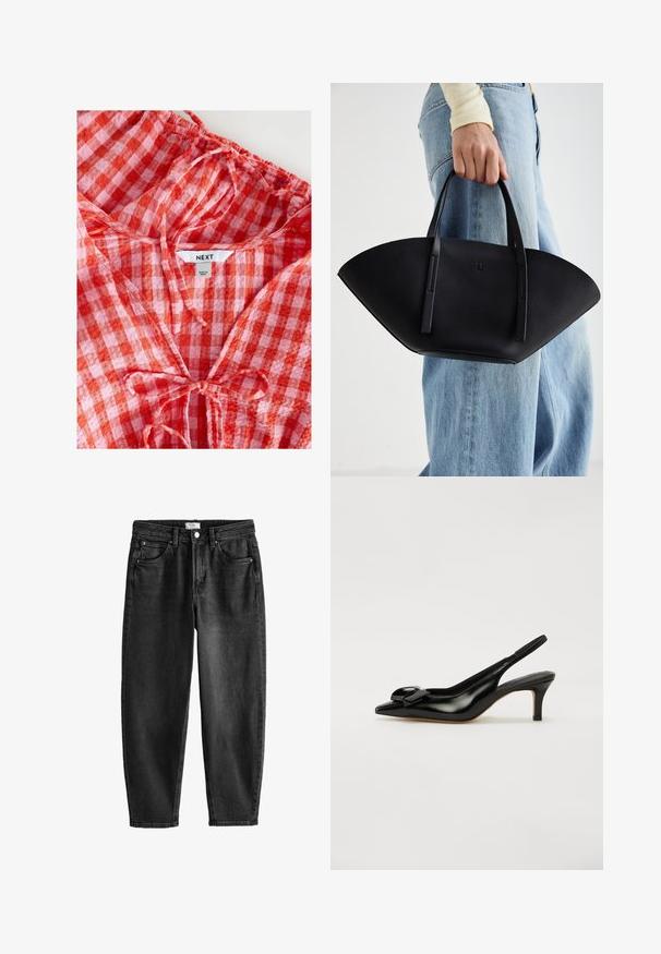 Červená a růžová kostkovaná blůza se skládacím výstřihem a detailem na zavázání. Z lehkého materiálu, obsahuje štítek "NEXT" uvnitř.; Černé džínové kalhoty s rovně střiženými nohavicemi, pěti kapsami, zipem a zapínáním na knoflík. Viditelné švy a mírně vybledlý povrch.; Černé lakované kožené boty s otevřenou patou, špičatou špičkou, malým podpatkem a výrazným mašlovým akcentem na nártu. Hladká textura a elegantní design.; Černá kožená kabelka s jedinečným tvarováním ve tvaru vějíře, vybavená plochými uchy. Povrch má jemně zrnitou texturu a minimalistický design.