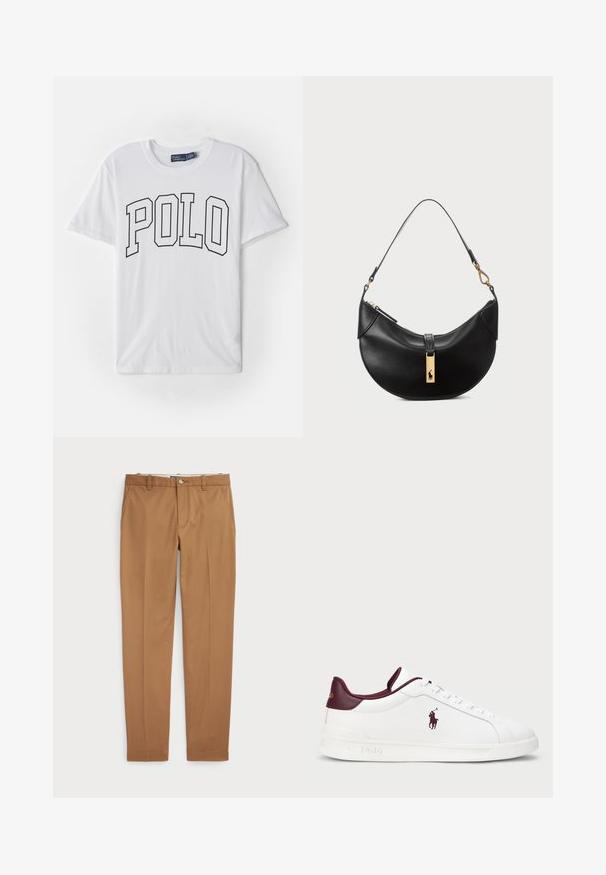 Balts kokvilnas T-krekls ar melnu kontūru apdruku, kurā redzams vārds "POLO" uz priekša, īsām piedurknēm un apaļu kakla izgriezumu.; Brūni kokvilnas bikses ar šauru piegriezumu, plakanu priekšpusi un standarta kabatām; gluda tekstūra un apšūti manšetes.; Baltas ādas sporta apavi ar bordo akcentiem, apaļa purngala forma, iegravēts logs un plakani šņores. Strukturēta zole un gluda virsmas apdare.; Melnas ādas rokas soma pusmēness formas. Iezīmē zelta metāla akcentus un šauru siksniņu. Gluda tekstūra, rāvējslēdzēja aizdare augšpusē.