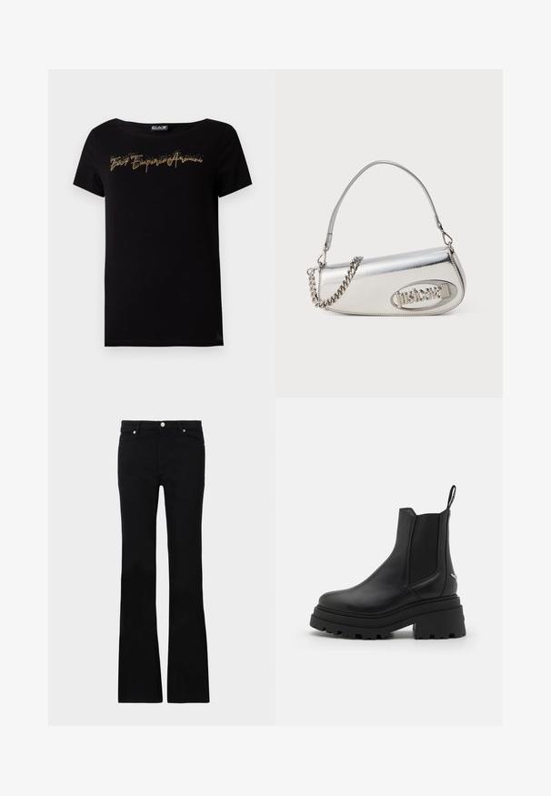 Juoda medvilninė marškinėliai su apvalia iškirpte. Priekyje yra auksinės blizgios raidės kursyvu. Trumpomis rankovėmis ir laisvo silueto.; Juodi plačios kojų džinsai, pagaminti iš denimo, turintys dvi priekinės kišenes, užsegimą su mygtuku ir lygią tekstūrą. Išsiuvinėjimas matomas siūlėse.; Juodi Chelsea batai, pagaminti iš lygaus odos, su elastingais šonų paneliais, storu, grotuotu guminio pado ir su traukimo įrankiu gale.; Sidabrinė metalinė rankinė apvalios trikampio formos, su logotipu, grandeline juosta ir lygiu paviršiumi. Užtrauktukas šone.