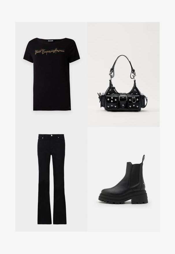 Tricou negru din bumbac cu decolteu rotund. Partea frontală prezintă un text cu sclipici auriu în stil caligrafic. Mâneci scurte și croială lejeră.; Blugi negri evazați din denim, care prezintă două buzunare frontale, o închidere cu buton și o textură netedă. Coaserea semnăturii vizibilă la cusături.; Bocanci Chelsea negri din piele netedă, cu panouri elastice pe laterale, o talpă groasă, adâncită din cauciuc și un mâner la spate.; Geantă de piele neagră cu un design curbat, dotată cu studuri argintii, o cataramă și două buzunare laterale. Curea ajustabilă pentru opțiuni de transport.
