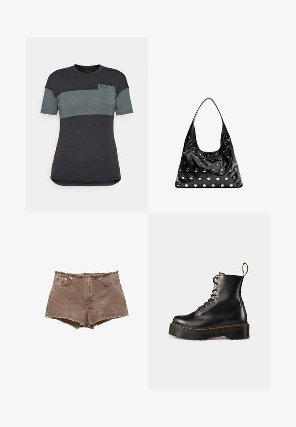 Koszulka z krótkim rękawem w ciemnoszarym i szmaragdowym kolorze z poziomym paskiem kolorystycznym, z kieszonką na piersi i metką na dekolcie.; Kremowa bluzka z cienkimi ramiączkami, falbaniastymi brzegami i wiązanym przodem. Wykonana z lekkiego materiału, z marszczonym wcięciem w talii i warstwowym krojem.; Brązowe szorty dżinsowe z postrzępionym dołem, pięcioma kieszeniami i metalowymi guzikami. Materiał wydaje się lekko zniszczony, o fakturowej powierzchni.; Czarne skórzane buty za kostkę z sznurówkami, z masywną czarną podeszwą i żółtym przeszyciem. Posiadają pętelkę z tyłu oraz okrągłe metalowe oczka.; Czarna skórzana torebka o luźnym kształcie, ozdobiona srebrnymi okrągłymi ćwiekami i pojedynczym paskiem na ramię. Gładka tekstura i błyszczące wykończenie.