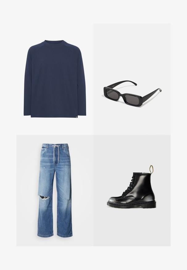 Tumši zilas krāsas garām piedurknēm krekls ar apaļu kaklu un raglanu piedurknēm; mīksta tekstūra un smalka dūriena detaļa apakšmalā.; Gai zils džinsu bikses ar brīvu piegriezumu, ar baltu auklu viduklī un izteiktām plīsumiem priekšā, parādot saplēstas malas.; Melnas ādas potītes zābaki ar spīdīgu apdari, astoņām acīm, melnām šņorcēm un cilpu aizvilkšanai. Izceļas ar rūpīgi struktūrētu zoli.; Melnas taisnstūrveida saulesbrilles ar tumšiem stikliem, spīdīga apdare, platas kājas un masīvs rāmja dizains. Uz vienas kājas ir iegravēts zīmola nosaukums.