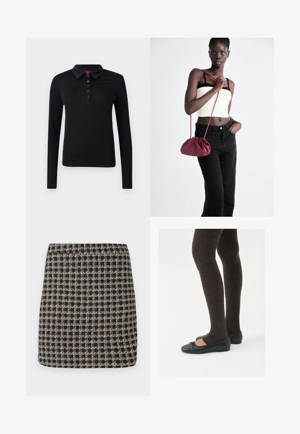 Black long-sleeve polo shirt, made of smooth fabric, featuring a collar, six-button placket, and a straight hem with no visible patterns.; Black long-sleeve women's blouse with a pointed collar, hidden front buttons, fitted waist, and flared hem and cuffs.; Black and beige checkered mini skirt with a textured weave and a smooth waistband, featuring a structured fit and simple design.; Black flat shoes with a small bow detail at the toe, paired with dark brown ribbed tights. Shoes have a smooth texture and low profile.; Burgundy soft fabric handbag with a gathered design and a long strap, worn crossbody. Model wears a white crop top and black jeans.