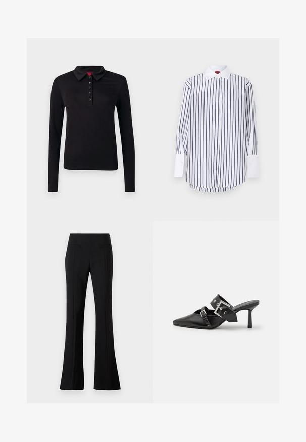 Crna poslovna majica s dugim rukavima, izrađena od glatkog materijala, s ovratnikom, plaketom sa šest gumba i ravnim rubom bez vidljivih uzoraka.; Bijela košulja na gumbe s mornarskoplavim okomitim prugama, dugim rukavima s bijelim manžetama, klasičnom kragnom i zakrivljenim rubom. Glatka tekstura tkanine.; Crne hlače s proširenim donjim dijelom izrađene od glatkog materijala, visokog struka, s dva stražnja džepa i pregibom duž prednje strane svake nogavice.; Crne visoke mule s oštrim vrhom, izrađene od glatke kože. Imaju široku narukvicu oko gležnja sa srebrnom kvadratnom kopčom i nitnama.