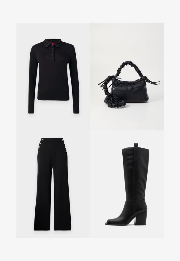 Mustat pitkähihaiset polo-paidat, jotka on valmistettu sileästä kankaasta, jossa on kaulus, kuuden napin kengurutakki ja suora helma ilman näkyviä kuvioita.; Mustat korkeavyötäröiset leveälahkeiset housut, joissa on kultaiset napit edessä ja taskut Molemmilla tupeilla valkoista taustaa vasten.; Mustat nahkaiset polvisukat, joissa on neliön muotoinen kärki, kapeneva korko ja pystysaumayksityiskohta ulkopinnalla. Silkkinen rakenne.; Must-have mustekahvi nahkalaukku krokotiiliaistalla, kiristetty yläosa ja rypistetty hihna. Näyttää pehmeältä ja kompaktilta muotoilultaan.