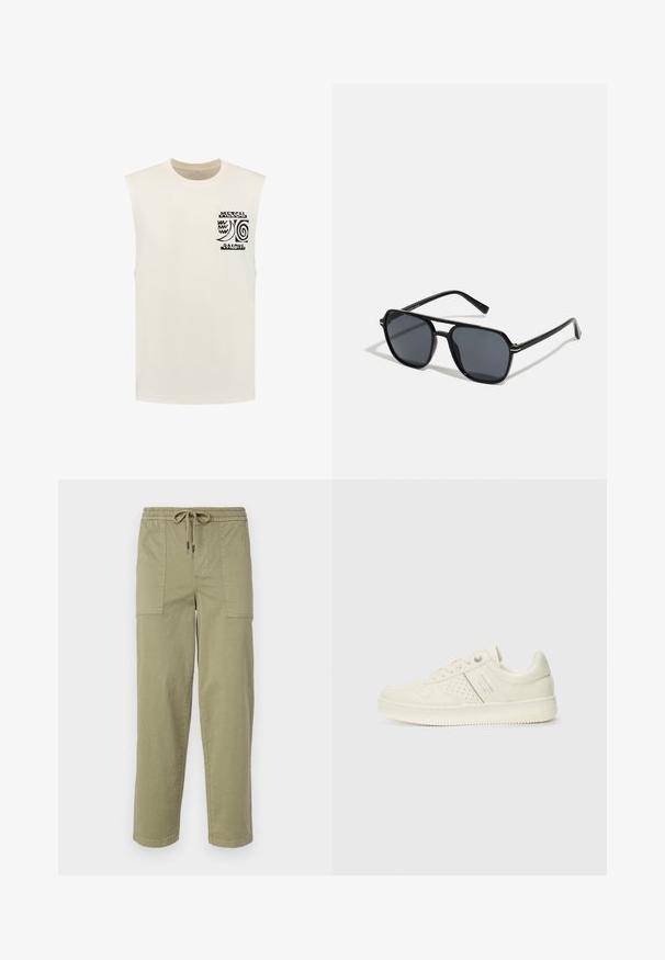 Shiwi SUNSHINE - Tops - jet stream white; Gaišolīci zaļas bikses no kokvilnas maisījuma auduma, ar elastīgu jostu un saiti, kā arī divām lielām sānu kabatām.; Krēmbaltie sporta apavi ar perforētu detaļām, auklām un logotipu sānos, attēloti uz vienkārša baltā fona.; Melnas saules brilles ar astoņstūra rāmī, tumšiem stikliem, spīdīgu apdari, plānām kājām un zelta akcentiem priekšpusē.