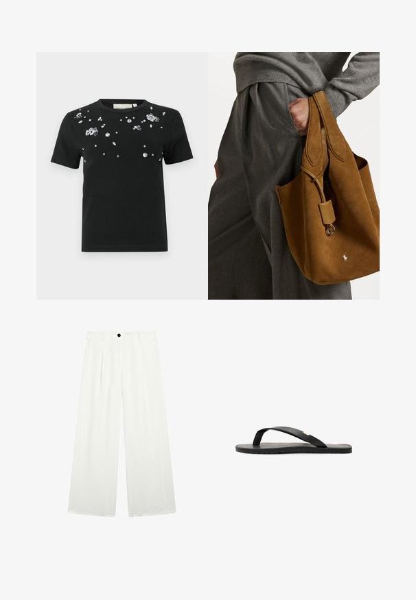 Sort kortærmet t-shirt med spredte klare rhinsten og udsmykninger på fronten. Fremstillet af blødt, fleksibelt stof.; Breddebenede bukser i hvidt stof, med en enkelt sort knap i taljen, to forlommer og en glat, sprød tekstur.; Sort flip-flop sandal med flad sål, tekstureret sort indersål, glatte stropper og en lille gul accent nær tåposten.; Brun ruskind totebag med rund form, dobbelte håndtag og metalhardware detaljer. Har et lille logo foran.