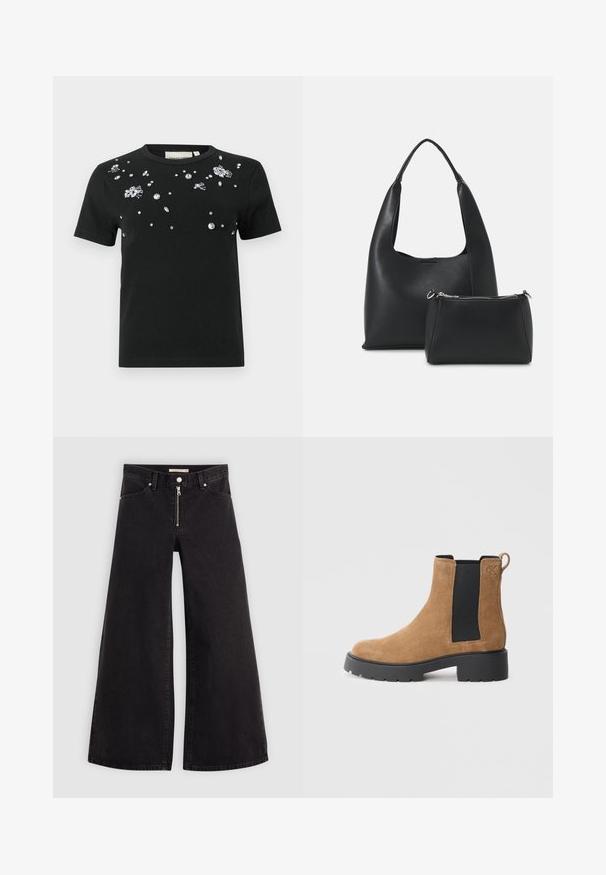 Melnas īsām piedurknēm t_širts, kas dekorēts ar izkaisītiem caurspīdīgiem rhinestones un rotājumiem uz priekša. Izgatavots no mīkstas, elastīgas auduma.; Platas kājas džinsi melnā džinsa audumā ar rāvējslēdzēju priekšā, piecu kabatu dizains un smalkas šuvju detaļas. Gluda tekstūra un ikdienišķs stils.; Brūna zamšāda potīte ar melnu elastīgu sānu paneļu, masīvu melnu zoli, vilkšanas cilpu aizmugurē un iegravētu "cK" logo tuvumā potītēm.; Even&Odd SET - Rokassoma - black