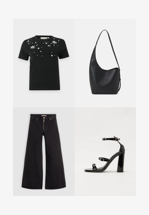 Tricou negru cu mânecă scurtă, decorat cu strasuri clare împrăștiate și embellishments pe partea din față. Fabricat dintr-un material moale și flexibil.; Jeans cu picioare largi din denim negru, cu fermoar în față, design cu cinci buzunare și detalii subtile de cusătură. Textură netedă și stil casual.; Sandale cu toc din patent negru, cu vârf pătrat, curele la gleznă și catarame din argint. Dispune de un toc gros pentru stabilitate.; Geantă hobo din piele neagră, cu o textură netedă, formă curbată și un singur bretele ajustabil; are o deschidere largă în partea de sus.