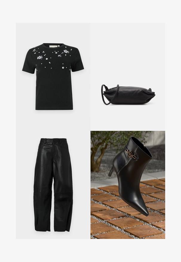 Mustmust imelise lühikeste varrukatega must T-särk, mille esiküljel on laiali jaotatud selged sädelevad kivid ja kaunistused. Valmistatud pehmest ning elastsemast kangast.; Mustad nahkpüksid, millel on lõtva istuvus, sirge jalgade disain, esikotid ja nähtavad õmblusdetailid.; Mustadast nahast pahkluu saapad terava nina ja väikese kontsaga. Rikkalikult kaunistatud kuldne kett pahkluu ümber. Ümbritsetud tekstuurse kivi pinnaga.; Musthave musta nahkklamber, millel on ristkülikukujuline kuju, sile tekstuur, õhuke õlavarre rihm ja minimalistlik disain.