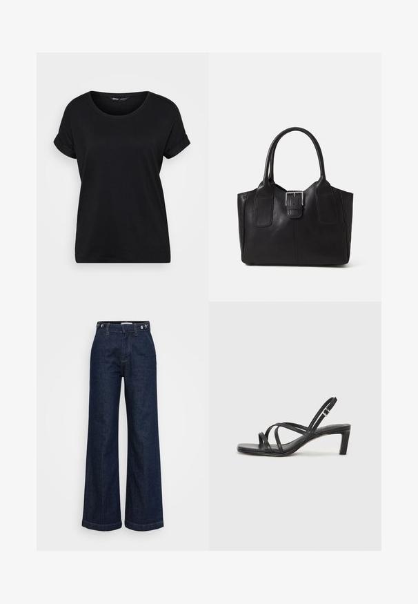 T-shirt preto de manga curta feito de algodão macio. Apresenta um decote redondo e mangas enroladas, com um ajuste descontraído. Design simples e versátil.; Jeans de perna larga de cintura alta em azul escuro, com ajustadores de botão na cintura, bolsos frontais e fecho de zíper.; Sandal de tiras pretas com biqueira quadrada e um pequeno salto bloco. Apresenta várias tiras finas e uma tira no tornozelo ajustável. Feito de couro liso.; Bolsa tote de couro preta com textura suave, forma estruturada, duas alças e um destaque prateado proeminente na parte da frente.