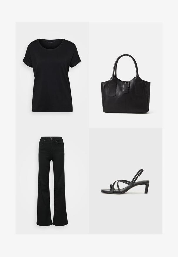 Svart t-skjorte med korte ermer i myk bomull. Har rund hals og oppbrettede ermer, med en avslappet passform. Enkel og allsidig design.; Svarte utsvingte jeans laget av denim, med høy midje, fem lommer og metallknapplukking. Glatt tekstur med minimal detaljering.; Sorte sandaler med stropper, firkantet tå og lav blokk hæl. Har flere tynne stropper og en justerbar ankelstropp. Laget av glatt lær.; Svart skinn toteveske med jevn tekstur, strukturert form, to håndtak og en fremtredende sølvspenne foran.