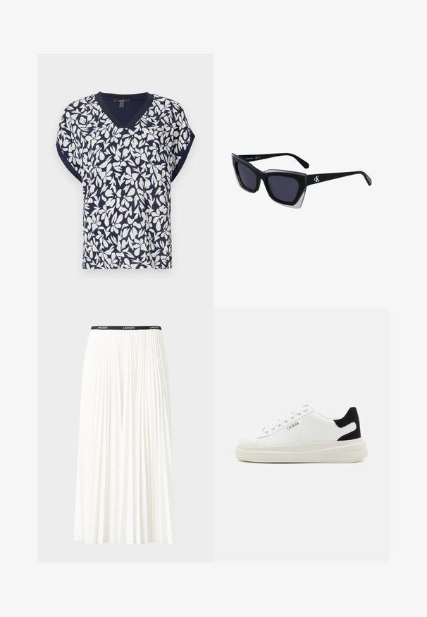 Tengerészkék, V nyakú felső, fehér virágmintával, rövid ujjakkal és laza szabással. Pamut keverékű anyag, enyhe textúrával.; Plisszírozott fehér szoknya fekete elasztikus derékkal, amelyen a "LACOSTE" logó található. Középhosszú kialakítás, puha tapintással.; Fehér bőr sportcipők vastag fehér talppal, fekete velúr sarokpikkelyel és dombornyomott logóval az oldalon. Fűzős kialakítás, hat fűzőlyukkal.; Fekete, nagyméretű napszemüveg geometrikus formával, sötét lencsékkel és kontrasztos szürke részlettel a kereten. Logó a szárán.