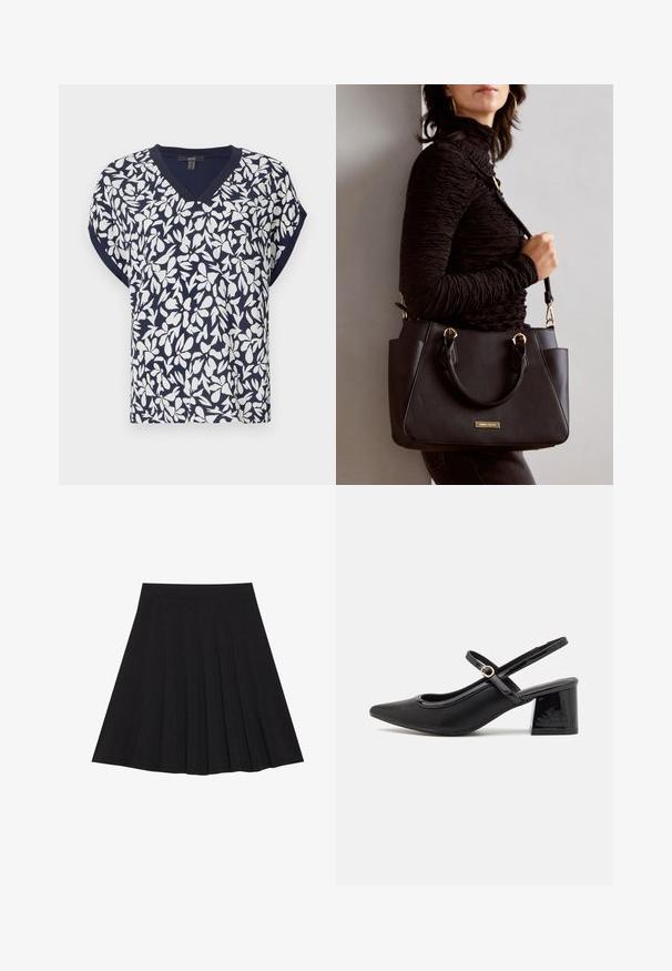 Námořnický modrý top s výstřihem do V, zdobený bílým květinovým vzorem, s krátkými rukávy a volným střihem. Materiál z bavlněné směsi s jemnou texturou.; Černá plisovaná sukně vyrobená z texturované látky s dobře padnoucím pasem. Délka sukně je ke kolenům a má hladký, jednoduchý siluetu.; Černé lakované lodičky s otevřenou patou, špičatou špičkou, zaobleným střihem a blokovým podpatkem. Zdobené akcentem v zlatém tónu.; Černá kabelka s texturovaným povrchem, dvojitými horními uchy a nastavitelným ramenním popruhem. Obsahuje zlaté kovové prvky a boční kapsy.