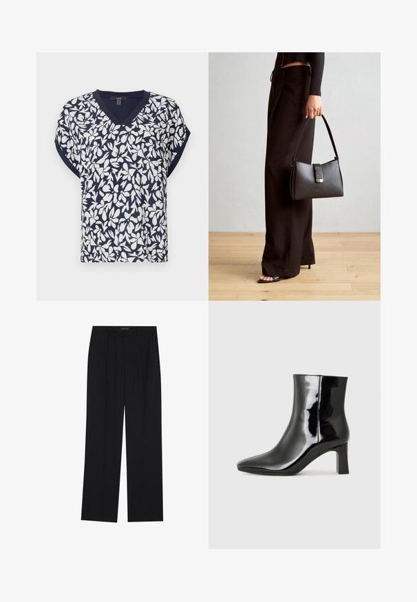 Jūras zila V veida krekls ar baltiem ziedu motīviem, īsām piedurknēm un brīvu piegriezumu. Kokvilnas maisījuma audums ar vieglu tekstūru.; Melni bikses ar taisnu kāju dizainu, kurām ir divi priekšējie kabatas un jostasvieta. Izgatavotas no gludas, vieglas auduma.; Melnas patentētas ādas potīšu zābaki ar norādītu pirkstu un vidēja augstuma kvadrātveida papēdi. Gluda tekstūra un minimālisma dizains.; Melnā somiņa ar strukturētu formu, gludu tekstūru un metālu sprādzi. Saskaņota ar platām melnām biksēm un sandālēm ar atvērtu purngalu uz koka grīdas.