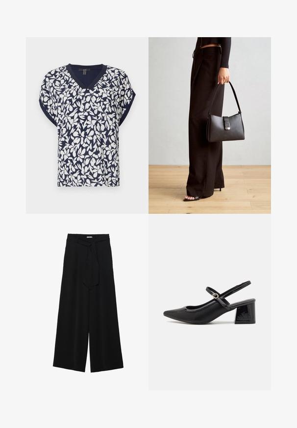 Tumesinise V-kaelusega blouse, millel on valge lilleline muster, lühikesed varrukad ja mugav lõige. Puuvilla segu kangas, millel on kerge tekstuur.; Mustad laiad püksid, millel on tekstureeritud kangas, elastne vöökoht ja eemaldatav pael vööst, et reguleerida sobivust.; Mustad läikivad nahast slingback-kõrged kontsad, millel on terav nina, ümar lõikekujundus ja blokknina. Omab kuldset nupu aktsenti.; Must musta kott, millel on struktureeritud kuju, sile tekstuur ja metallist klamber. Kombineeritud laiate mustade pükstega ja avatud varvaste sandaalidega puidust põrandal.