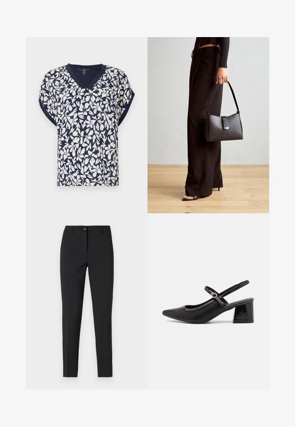 Marineblauwe V-hals top met een wit bloemenpatroon, korte mouwen en een losse pasvorm. Katoenmengsel met een lichte textuur.; Zwarte fitted broek in een soepele stof, met een klassieke tailleband, een rits aan de voorkant en zijzakken met een slank, op maat gemaakt ontwerp.; Zwarte gepolijste leren slingback hakken met een spitse neus, een ronde uitsnede en een blokhak. Voorzien van een gouden gespaccent.; Zwarte handtas met gestructureerde vorm, gladde textuur en een metalen sluiting. Gecombineerd met brede zwarte broeken en sandalen met open teen op een houten vloer.