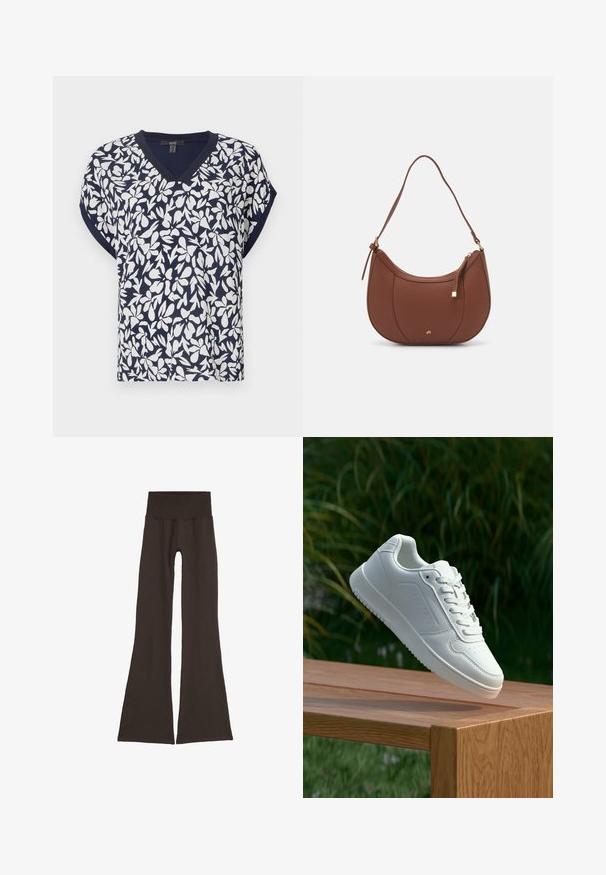 Top blu navy con scollo a V caratterizzato da un motivo floreale bianco, maniche corte e vestibilità comoda. Tessuto in misto cotone con leggera texture.; Leggings a campana di un marrone scuro con un'ampia vita a coste. Realizzati in materiale morbido ed elasticizzato, presentano un design senza cuciture e senza hardware visibile.; Sneaker bianco con tomaia in sintetico liscio, punta perforata, lacci piatti e suola testurizzata, esposto su una superficie di legno.; Borsa a spalla in finta pelle marrone con forma curvata, cuciture minime e un accento in metallo dorato. Presenta una chiusura con zip superiore e una tracolla regolabile.