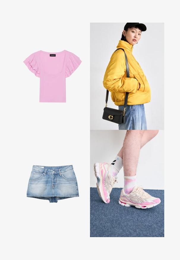 Roza, rebrasta majica s kratkimi rokavi, z nabranimi rokavi in širokim kvadratnim izrezom. Oznaka vidna na sredini.; Denim kratke hlače v svetlo modri barvi z izrabljenim videzom. Imajo pet žepov in sprednje zapiranje na gumb. Klasičen kroj s ravnim robom.; Bež in roza športni copati s srebrnimi detajli, mrežnimi prekrivali in debelim podplatom. Obuti s pisanimi, tie-dye nogavicami.; Rumena oblazinjena jakna z visokim ovratnikom in sprednjim žepom, v kombinaciji s črno torbico čez ramo z zlatimi dodatki. Priložnostni denim hlače.