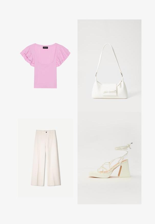 Vaaleanpunainen, poimuinen lyhythihainen paita, jossa on röyhelöhihat ja leveä neliökaula-aukko. Tägi näkyvissä keskellä.; Kerman leveletut housut räätälöidyllä designilla, joissa on kaksi etutaskua ja yksi etunapituksilla, valmistettu sileästä kankaasta.; Valkoinen korkokenkä, jossa on paksu korko, ja joka sisältää nauhakiinnityksen ja nilkkaketjun. Sujuva pinta, jossa on platform-etupohja lisäkorkeutta varten.; Valkoinen synteettinen käsilaukku, jossa on kolmikulmainen muoto, tasainen etu läppä ja nauhadetail, säädettävä olkahihna, sileä rakenne ja minimalinen muotoilu.