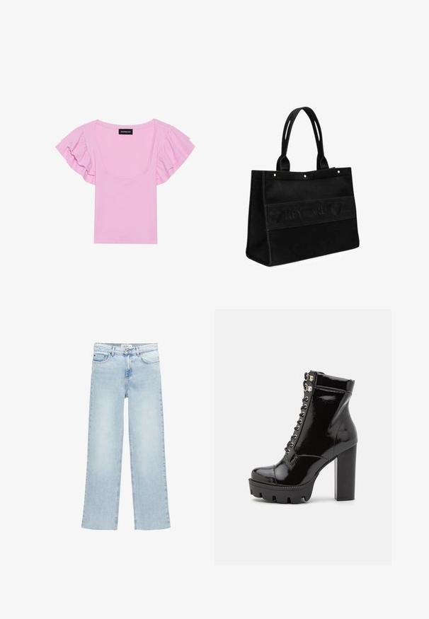 Pinke, gerippte Kurzarmbluse mit Rüschensleeves und einem weiten quadratischen Ausschnitt. Das Etikett ist in der Mitte sichtbar.; Helle blaue, weite Jeans aus Denim mit hoher Taille, fünf Taschen und einem Knopfverschluss. Verfügt über minimale Nahtdetails.; RAID KYNLEE - Schnürstiefelette - black; Schwarze Canvas-Tragetasche mit zwei Tragriemen, die mit einem geprägten Logo-Band und kleinen Hardware-Details versehen ist. Rechteckige Form, robuste Verarbeitung.