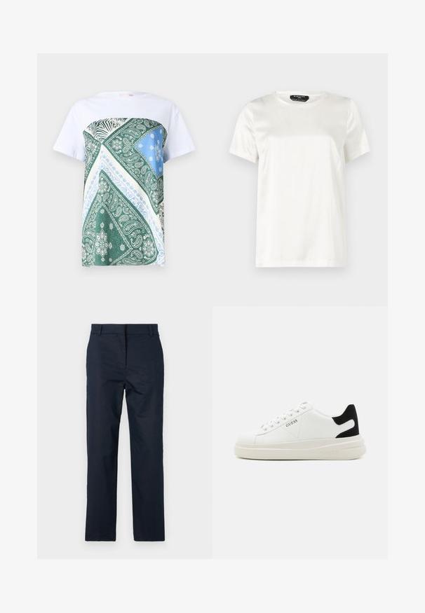 Weißes T-Shirt mit einem grünen, blauen und cremefarbenen gemusterten Einsatz, der Paisley-Designs und Zebra-Streifen im oberen vorderen Bereich zeigt.; Weißes kurzärmliges T-Shirt aus glattem, glänzendem Stoff mit rundem Halsausschnitt. Hat einen subtilen Glanz und ein minimalistisches Design.; Marineblaue Hosen mit geradem Bein, gefertigt aus einem glatten Stoff, mit flachem Vorderteil und Gürtelschlaufen. Keine sichtbaren Muster oder Akzente.; Weiße Leder-Sneaker mit einer dicken weißen Sohle, schwarzem Wildlederakzent an der Ferse und geprägtem Logo an der Seite. Schnürdesign mit sechs Ösen.
