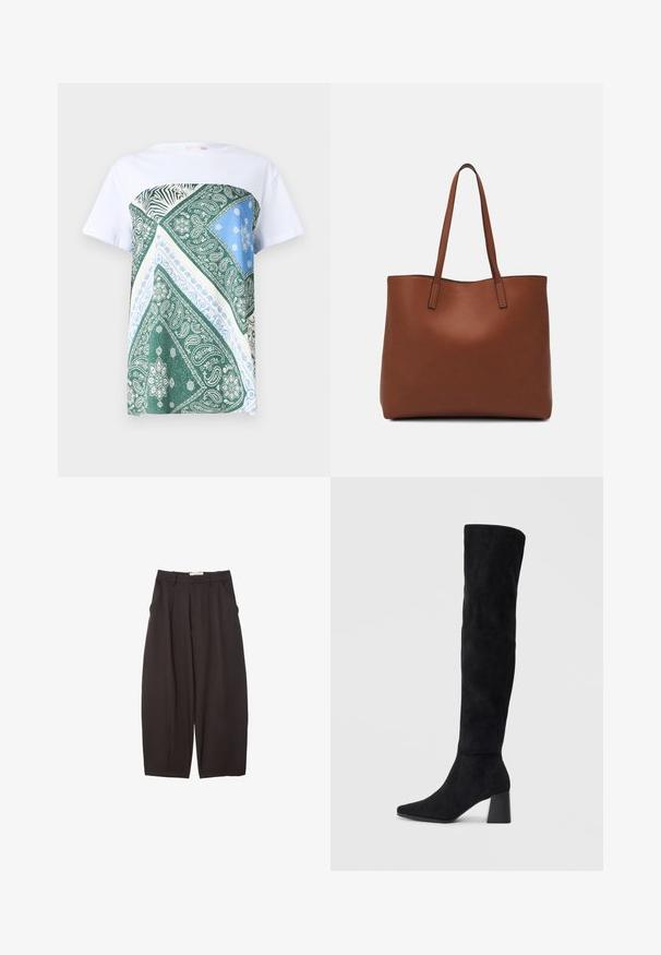 White t-shirt with a green, blue, and cream patterned panel featuring paisley designs and zebra stripes on the upper front section.; Black wide-leg trousers made from a smooth fabric, featuring a high waist, front pleats, and side pockets. Simple design without embellishments.; Black suede knee-high boot with block heel, pointed toe, and smooth, seamless design on a plain light background.; Brown leather tote bag with a smooth texture, open top design, and two shoulder straps. Features minimal stitching and no visible hardware.