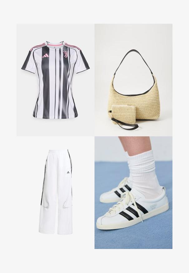 Biało-czarny pasiasty dres piłkarski z różowymi akcentami, z krótkim rękawem i okrągłym dekoltem. Posiada logo marki Adidas oraz herb klubu.; Białe sportowe spodnie o luźnym kroju, z czarnymi pasami po bokach, elastycznym paskiem w talii i siateczkowymi wstawkami dla lepszej wentylacji.; Białe skórzane sneakersy z czarnymi paskami, kremową podeszwą i jasnymi sznurowadłami. Noszone z białymi skarpetkami w prążki, umieszczone na niebieskim tle.; Woven straw handbag o zaokrąglonym kształcie, z gładkim czarnym skórzanym paskiem oraz dopasowaną małą sakiewką przypiętą na pasku na nadgarstek.