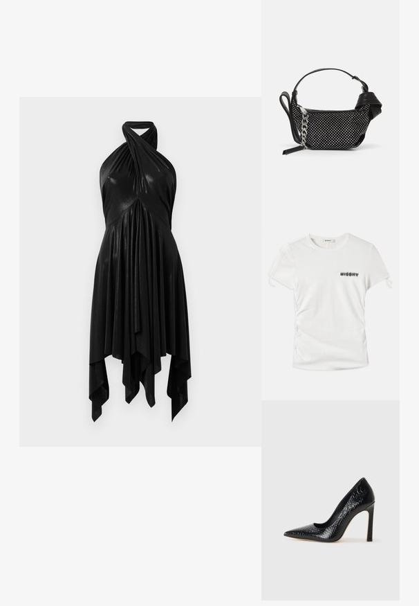 Witte t-shirt met korte mouwen, voorzien van zijruche en "MISBHV" gedrukt in vervaagde zwarte letters op de linkerkant van de borst.; Zwarte halterjurk met een gedrapeerd ontwerp. Gemaakt van glanzend materiaal, voorzien van een gedraaide halslijn en een asymmetrische zoom. Soepele textuur.; Zwarte puntige hoge hak schoen met een krokodillenleren textuur, met een slank ontwerp, hoge stiletto-hak, en een gladde zwarte binnenkant.; Zwarte handtas met studded embellishments, een kettingriem en een soepel leren handvat, met een afgeronde vorm en een ritscompartiment.
