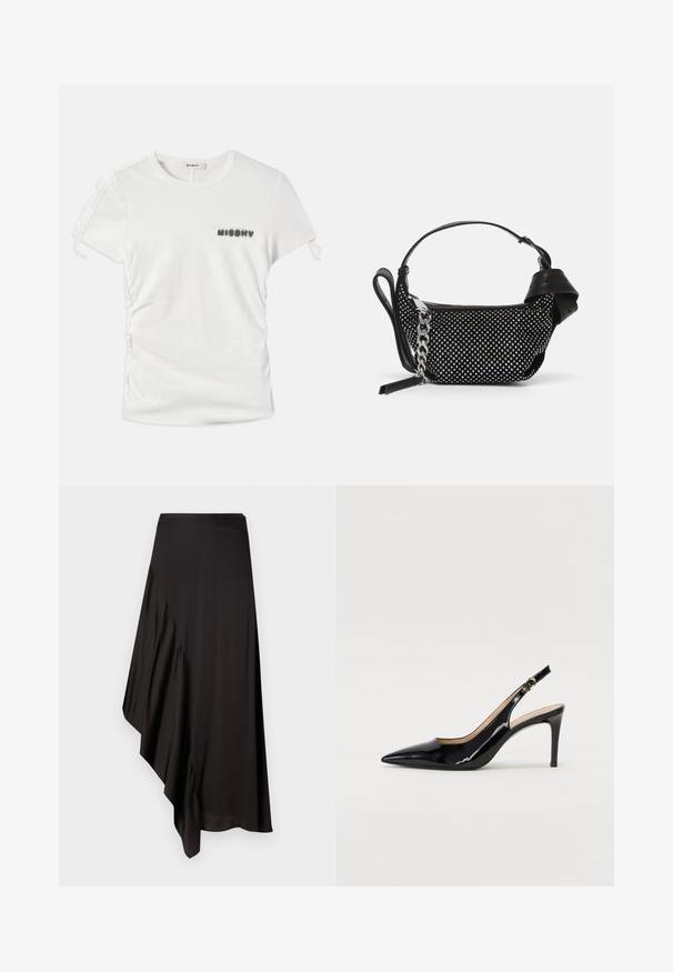 Weißes T-Shirt mit kurzen Ärmeln und seitlichem Rüschendetail, mit in verschwommenen schwarzen Buchstaben auf der linken Brust aufgedrucktem "MISBHV".; AERON ASTER SKIRT - Bleistiftrock - black; Schwarz lackierte Slingback-Pumps mit spitzem Zehenbereich, schlankem Absatz und einem subtilen Ausschnittdesign. Verfügt über eine goldene Schnalle am Riemen.; Schwarze Handtasche mit Nietenverzierungen, einer Kettenriemen und einem glatten Ledergriff, in runder Form und mit einem Reißverschlussfach.