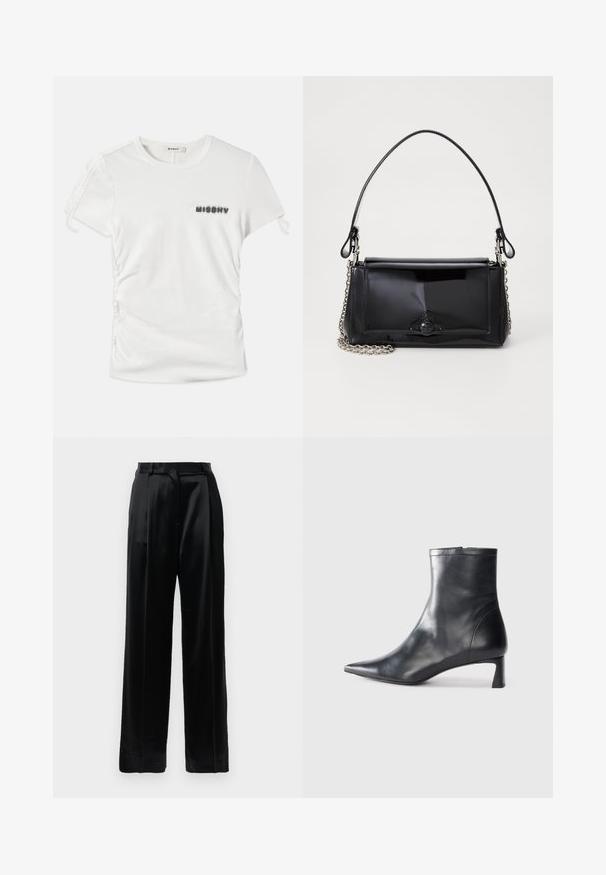 Bela kratka majica s kratkimi rokavi z stranskim gubanjem in napisom "MISBHV" v zamegljenih črnih črkah na levi prsni strani.; Črne satenske hlače visoke pasu z ravnimi širokimi nogami, z zankami za pas in ravnim sprednjim zapiranjem na enobarvni beli podlagi.; Črne usnjene gležnjarje s šiljastim nosom in elegantnim dizajnom. Imajo nizko peto in zadrgo na zadnji strani. Gladka tekstura.; Črna lakirana usnjena torbica pravokotne oblike, s verižnim trakom in značilnim kovinskim detajlom na sredini. Gladka textura.