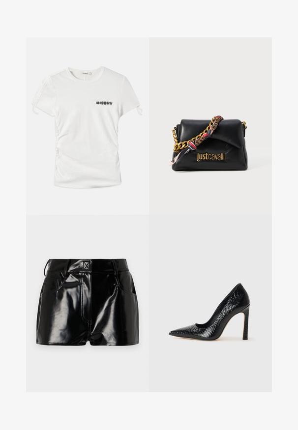 T-shirt branca de manga curta com franzido lateral e "MISBHV" impresso em letras pretas desfocadas no lado esquerdo do peito.; Calções pretos e brilhantes feitos de material sintético. Apresentam uma cintura justa, passantes para cinto e bolsos frontais com detalhes de costura proeminentes.; Sapato de salto alto de bico fino preto com textura de pele de crocodilo, apresentando um design elegante, salto agulha alto e interior preto suave.; Bolsa de couro preta com uma alça de corrente dourada, apresentando um detalhe em tecido estampado e um logótipo embutido na parte da frente.