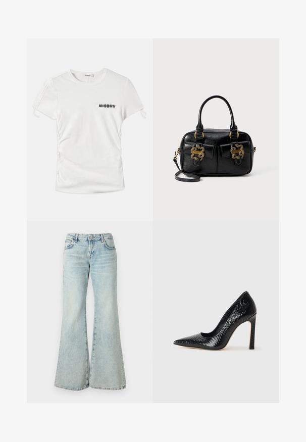 Hvit kortermet t-skjorte med sidefolding og "MISBHV" trykt i uskarpe svarte bokstaver på venstre bryst.; Lyseblå flared jeans laget av denim, med høy midje, lommer og frynsete hem. Stoffet har en falmet vask og subtil tekstur.; Sorte spiss-tå høye hæler med krokodilleskinn tekstur, har et elegant design, høy stiletthæl og glatt svart interiør.; Svart teksturert lærveske med doble topphåndtak, to frontlommer og gullhardware. Har en avtakbar skulderstropp.