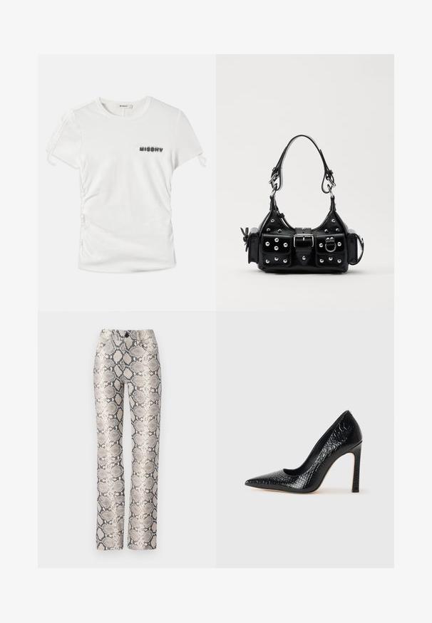 White short-sleeve t-shirt with side ruching and "MISBHV" printed in blurred black letters on the left chest.; Snake-print trousers in a beige and gray color scheme. Straight-leg design with a textured finish and front pockets. Features a button closure.; Black pointed-toe high heel shoe with a crocodile-skin texture, featuring a sleek design, high stiletto heel, and smooth black interior.; Black leather handbag with a curved design, featuring silver studs, a buckle, and two side pockets. Adjustable strap for carrying options.