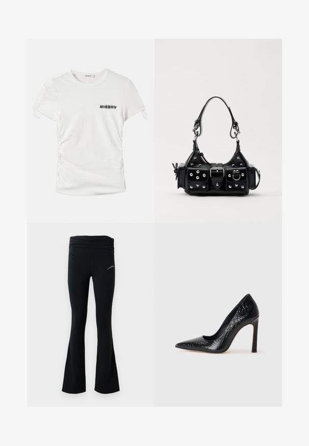 T-shirt bianco a maniche corte con arricciature laterali e la scritta "MISBHV" stampata in lettere nere sfocate sul lato sinistro del petto.; Pantaloni yoga neri a campana con vita arricciata e piccolo logo bianco sulla coscia superiore, esposti su uno sfondo bianco semplice.; Scarpa nera con punta a punta alta in pelle di coccodrillo, caratterizzata da un design elegante, alto tacco a spillo e interno nero liscio.; Borsa a mano in pelle nera con design curvo, caratterizzata da borchie argentate, una fibbia e due tasche laterali. Tracolla regolabile per diverse opzioni di trasporto.