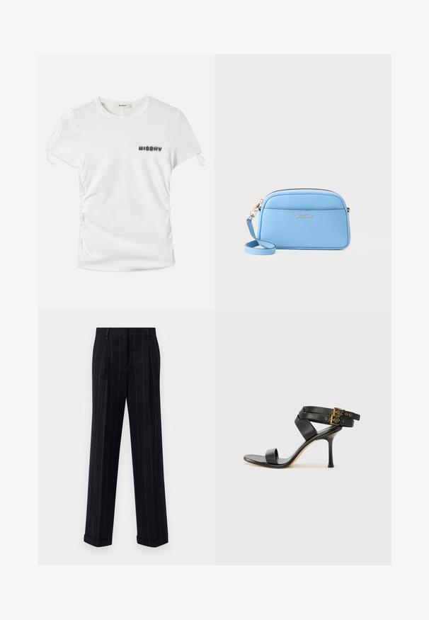 T-shirt branca de manga curta com franzido lateral e "MISBHV" impresso em letras pretas desfocadas no lado esquerdo do peito.; Calças pretas risca de giz com um ajuste sob medida, apresentando uma bainha com dobra e pregas frontais. Feitas de um tecido suave com um design estruturado.; Sandal preto de salto alto com tiras cruzadas e fivela ajustável. Apresenta uma textura suave e um salto agulha afilado.; Bolsa crossbody em couro azul claro com acessórios em tom de ouro, fecho em zip, e um bolso frontal. Apresenta uma alça ajustável para conveniência.