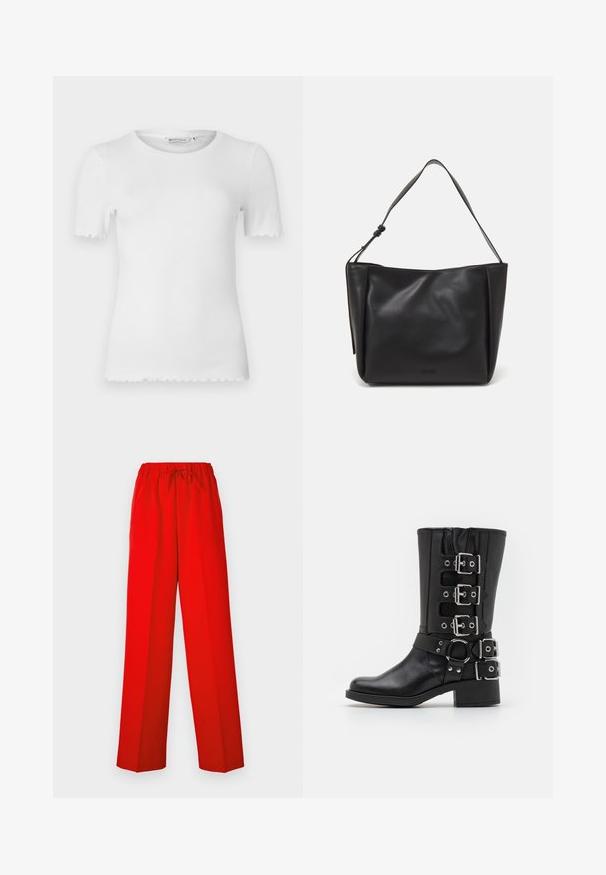 Bela kratka majica s kratkimi rokavi iz rebraste tkanine, z zaobljenim ovratnikom in valovitim robom na rokavih ter spodnjem robu.; Rdeče hlače širokega kroja, narejene iz gladkega materiala. Imajo elastičen pas in detajl z vrvico za prilagodljivo prileganje.; Črne usnjene škornje z visokim uloženim delom, ki vključujejo več srebrnih sponk in trakov, krožno okrasje ter debel petek. Mat zaključek.; Calvin Klein GRACIE MEDIUM - Torbica - black