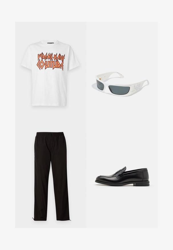 Tricou alb din bumbac cu un text grafic îndrăzneț, negru și portocaliu: "VERSACE JEANS COUTURE." Design cu mâneci scurte și guler rotund.; Pantaloni ușori negri, cu talie elastică, închidere cu șnur și tiv zipurat pentru o ajustare ușoară. Textură netedă și elegantă.; Mocasini din piele neagră cu o textură netedă, vârf rotund și o curea decorativă peste partea superioară. Toc mic, design minimalist.; Ochelari de soare albi cu lentile gri, de formă rectangulară, cu accente texturate pe laturi. Prezintă detalii din metal auriu.