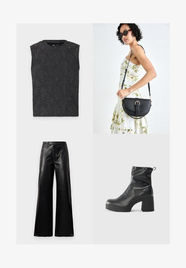 Black sleeveless top with a textured geometric pattern, made from a sparkly fabric. Features a round neckline and a fitted silhouette.; Black high-waist wide-leg faux leather pants with front button, zip closure, belt loops, and side pockets on white background.; Black ankle boots made of smooth leather, featuring a side zipper, chunky textured heel, and rounded toe design.; Black leather handbag with a curved shape, detachable strap, and gold hardware. The bag features a flap with a buckle detail.