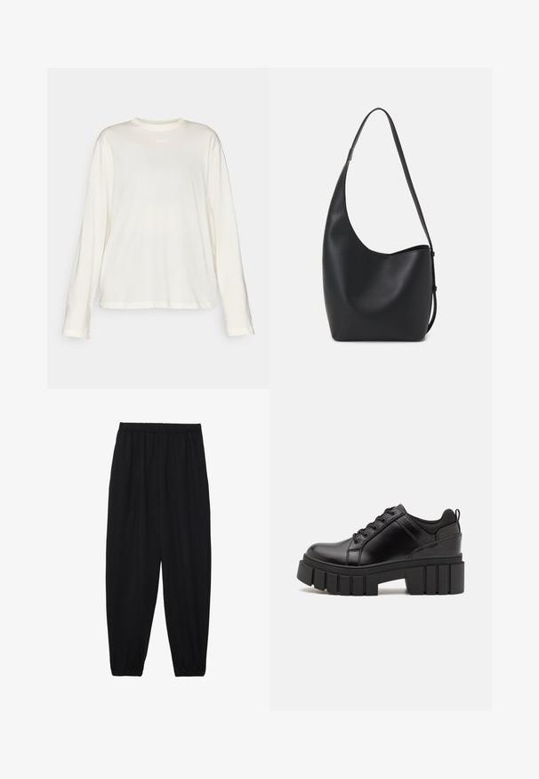 Gaišas bēšas kokvilnas T-krekls ar garām piedurknēm un apaļu kakla izgriezumu, ar diskrētu logo uz krūtīm un brīvu piegriezumu ar taisnu apakšmalu.; Melnas, vieglas bikses ar elastīgu jostu un savilktiem potītiem. Audums ir gluds un to raksturo brīva, sašaurināta forma.; Melnas ādas platformas kurpes ar masīvu bloku papēdi, apaļu purngalu un tradicionālu saistīšanas dizainu. Izceļas ar gludu tekstūru un minimālu apdari.; Melnas ādas hobo soma ar gludu tekstūru, izliekta forma un vienu regulējamu jostu; augšā ir plaša atvere.